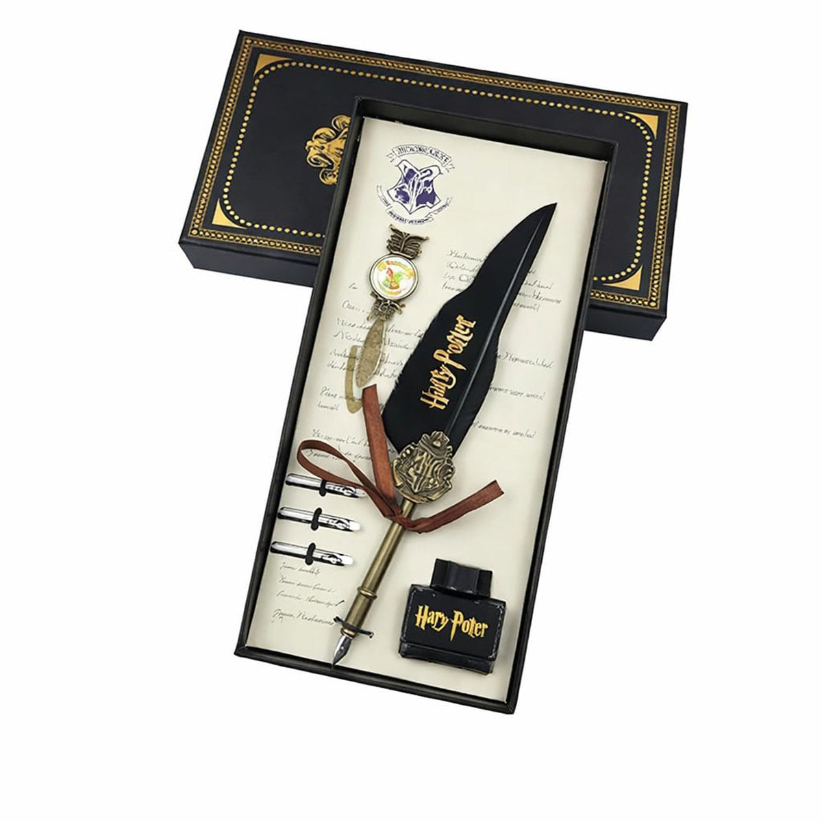 Harry Potter Style Feather Quill Pen Calligraphy Writing Set with Ink Bottle & Metal Nibs