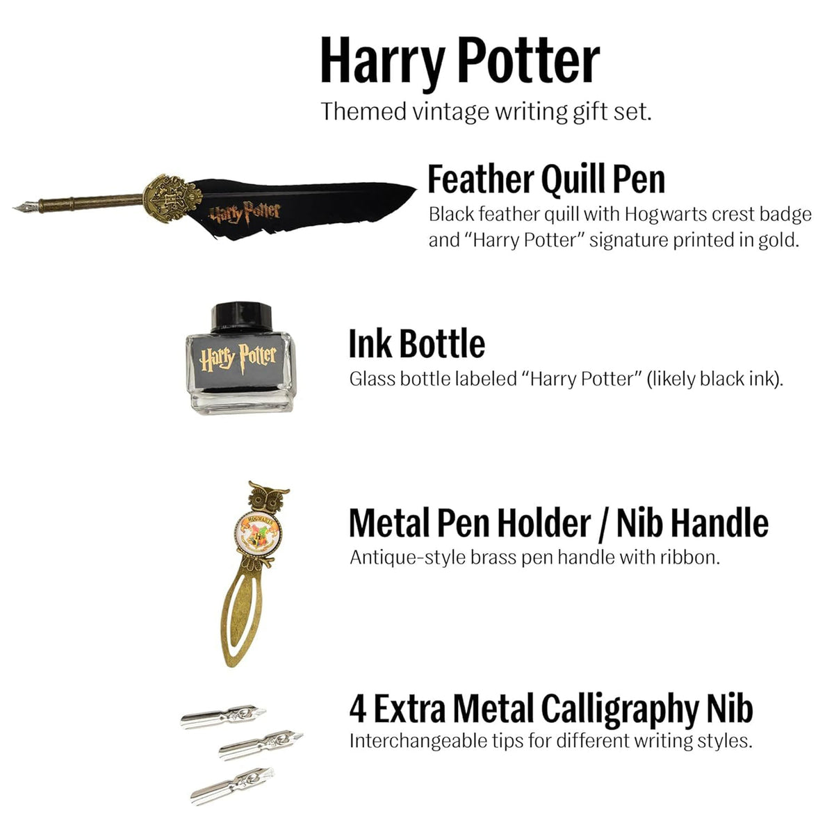 Harry Potter Style Feather Quill Pen Calligraphy Writing Set with Ink Bottle & Metal Nibs