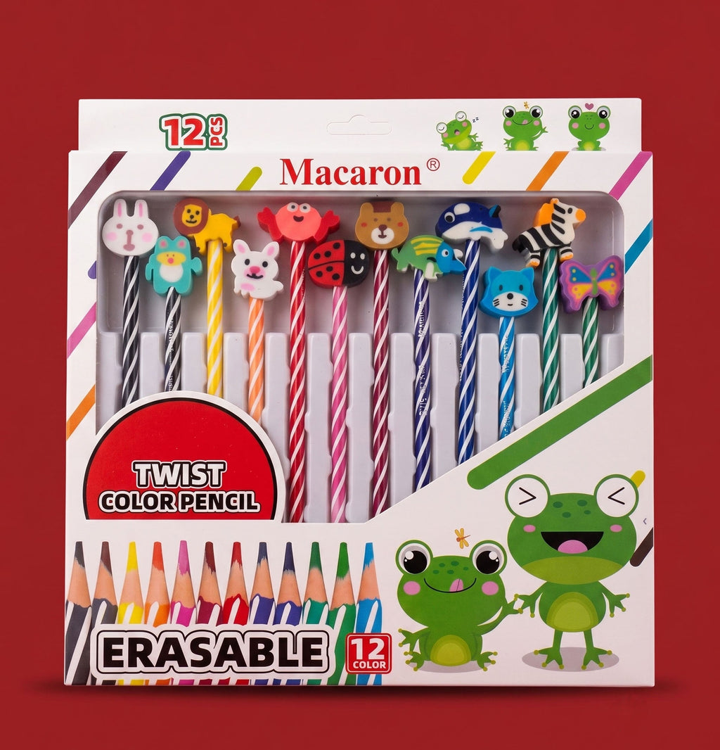 Macaron set of 12  brand cartoon-themed pencils with eraser tops